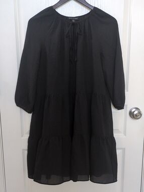 Banana Republic Sheer Black Seersucker Long Sleeve Dress